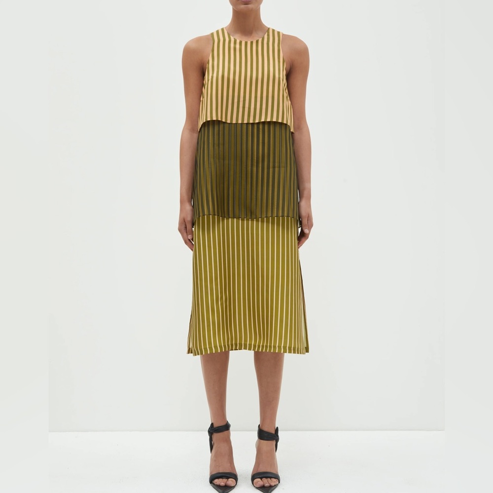 NWT Christian Wijnants Danai Peach Khaki Green Stripes Midi Dress | XL